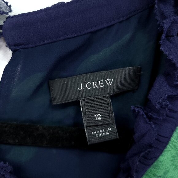 J.Crew Silk Ruffle Blouse Womens Size 12 Top Beanstalk Stripe Navy Green Retro - Picture 11 of 13